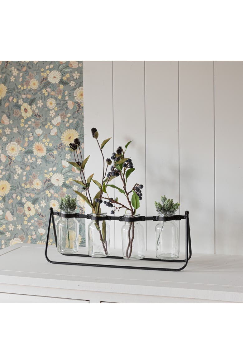 4 Vase Bud Vase Holder Black Cast Iron & Glass, Alternate, color, Black
