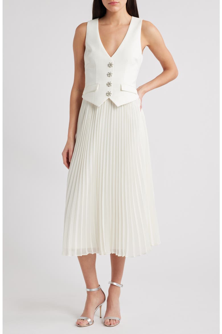 Myla Mixed Media Pleated Dress, Main, color, WHITE