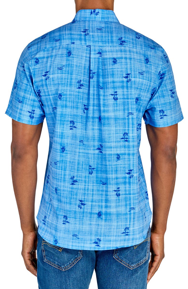 CONSTRUCT Slim Fit Island Recycled 4-Way Stretch Performance Short Sleeve Shirt, Alternate, color, Chambray Blue
