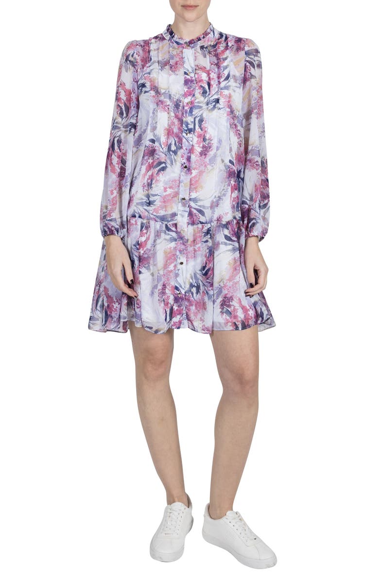Julia Jordan Floral Pleat Long Sleeve Chiffon Dress, Main, color,