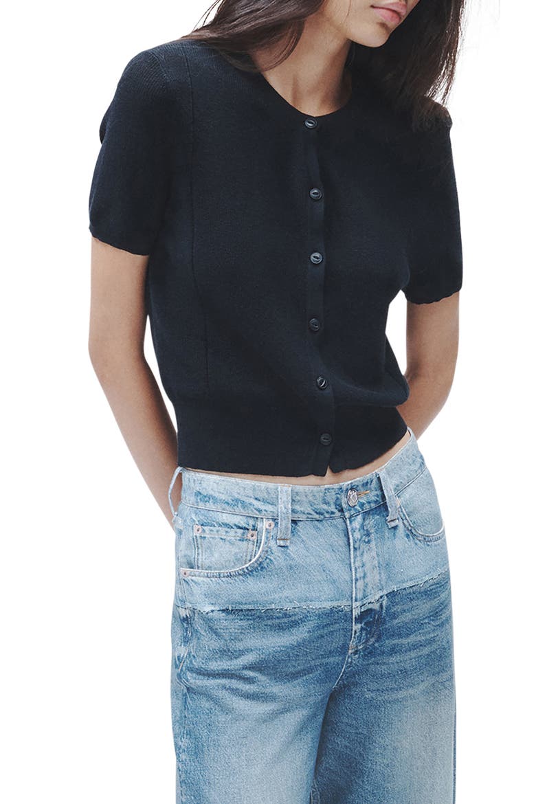 Dina Short Sleeve Cotton Blend Cardigan, Main, color, BLACK