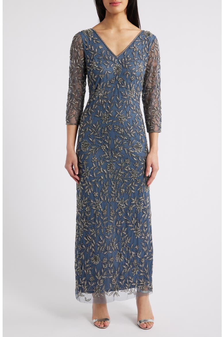Floral Beaded Sheath Gown, Main, color, GREY