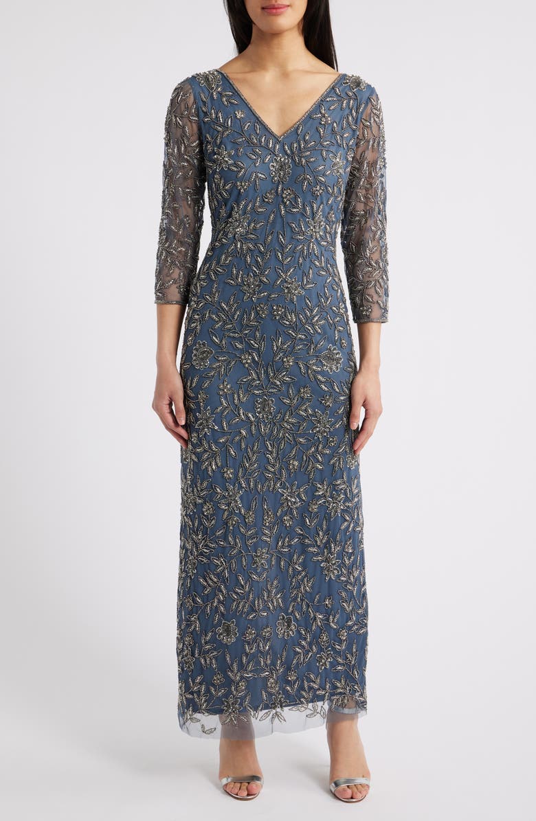 Pisarro Nights Floral Beaded Sheath Gown, Main, color, Grey