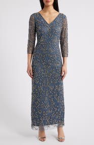 Pisarro Nights Floral Beaded Sheath Gown