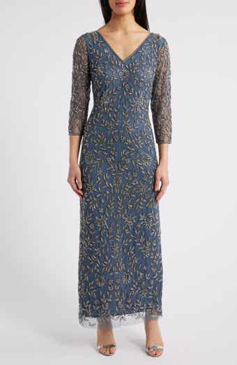 Pisarro Nights Floral Beaded Sheath Gown