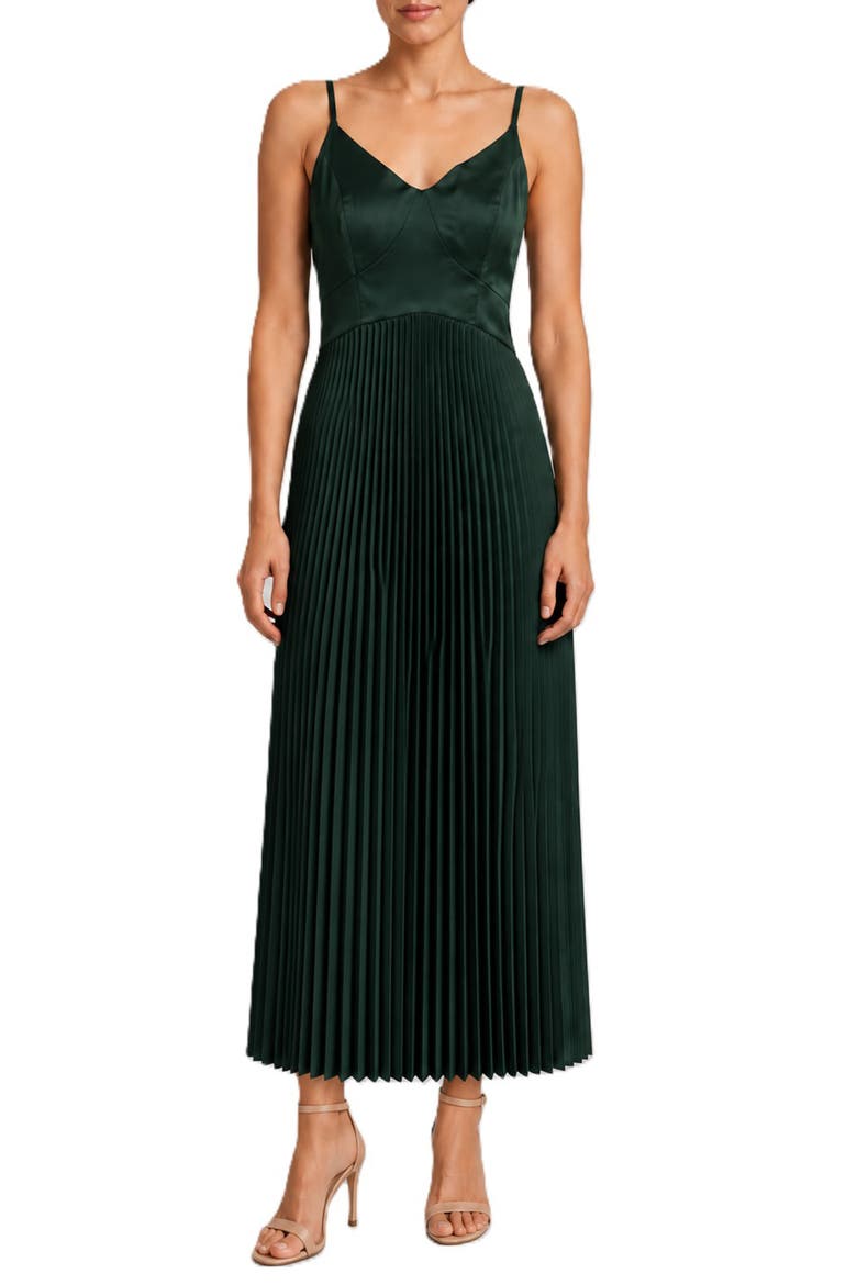 Pleated Satin Midi Dress, Main, color, EVERGREEN