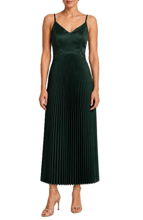 Pleated Satin Midi Dress