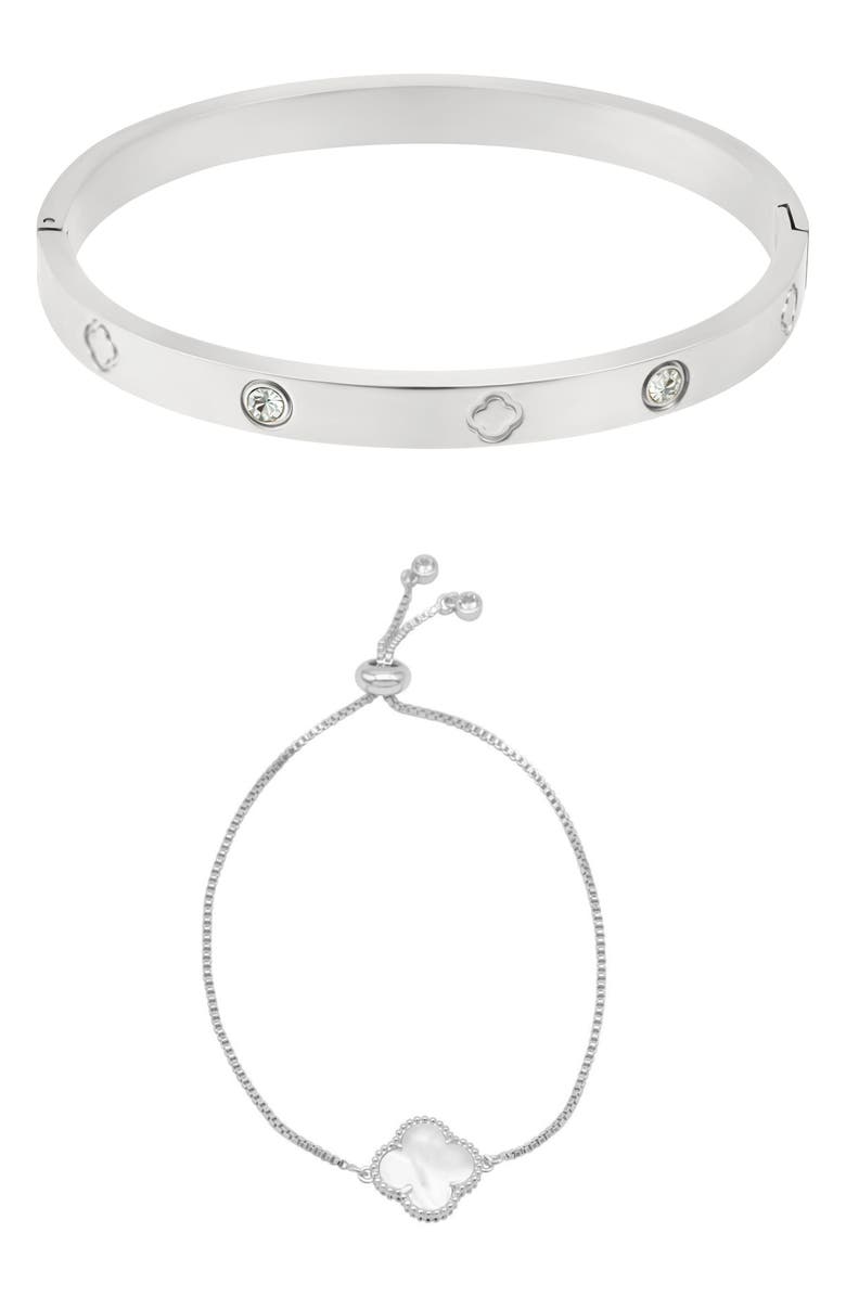 Adornia Set of 2 Clover Cuff Bracelets, Main, color, Silver