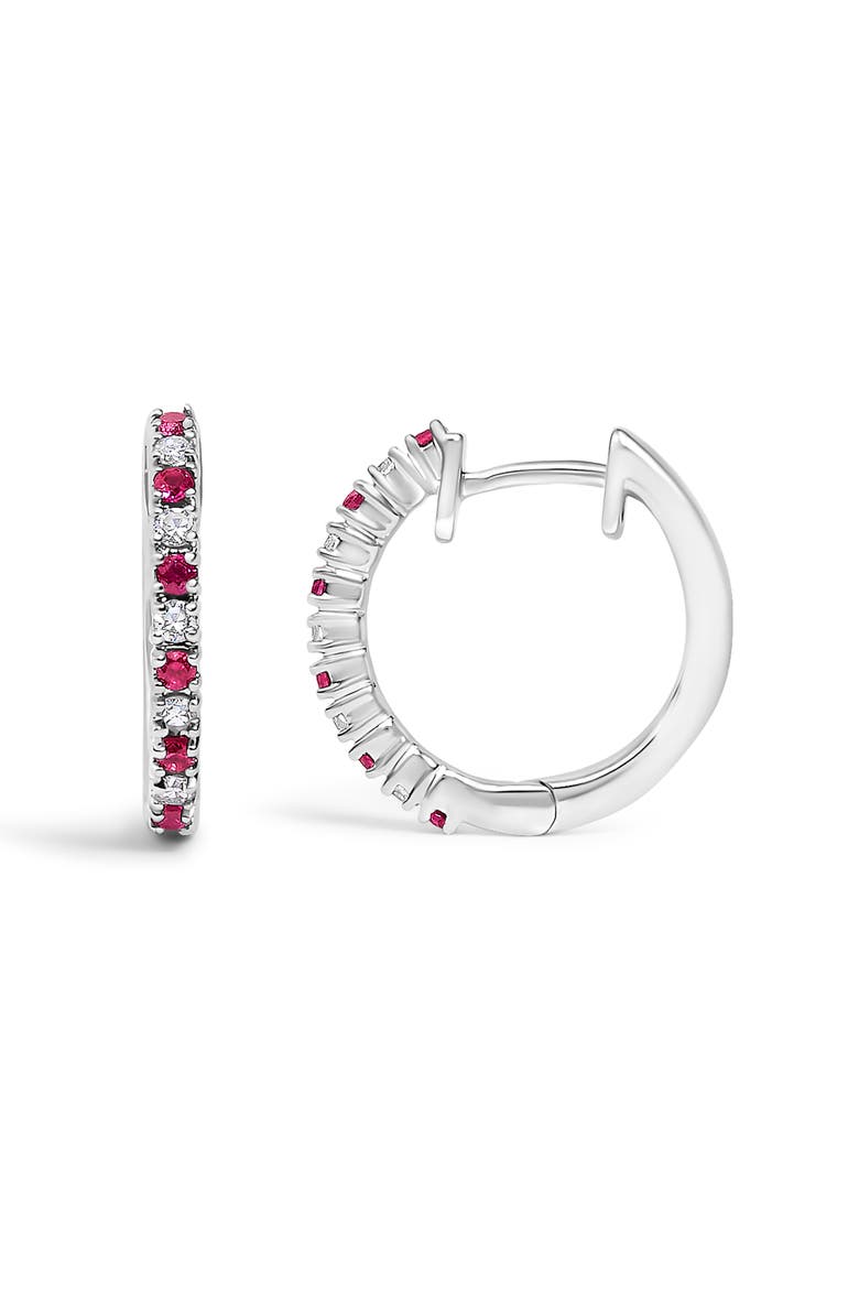 10K Gold Alternating Diamond and Red Ruby Huggy Hoop Earrings, Alternate, color, White