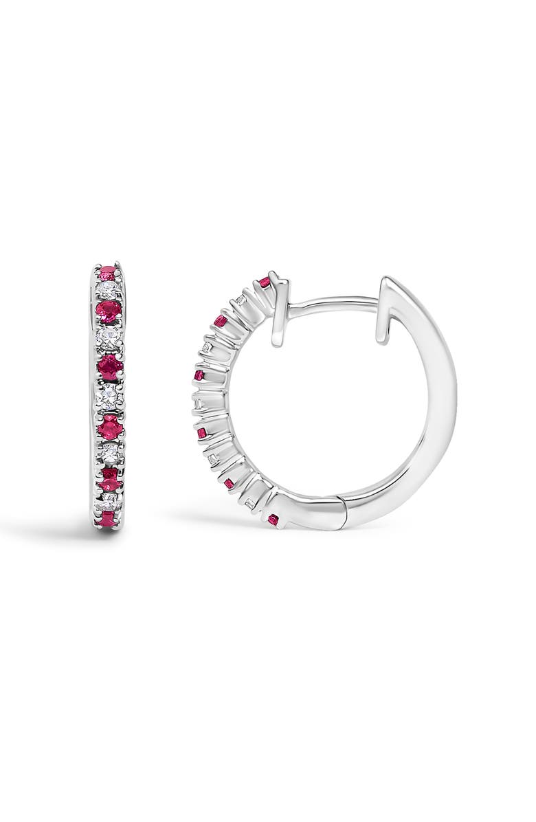 Haus of Brilliance 10K Gold Alternating Diamond and Red Ruby Huggy Hoop Earrings, Alternate, color, White