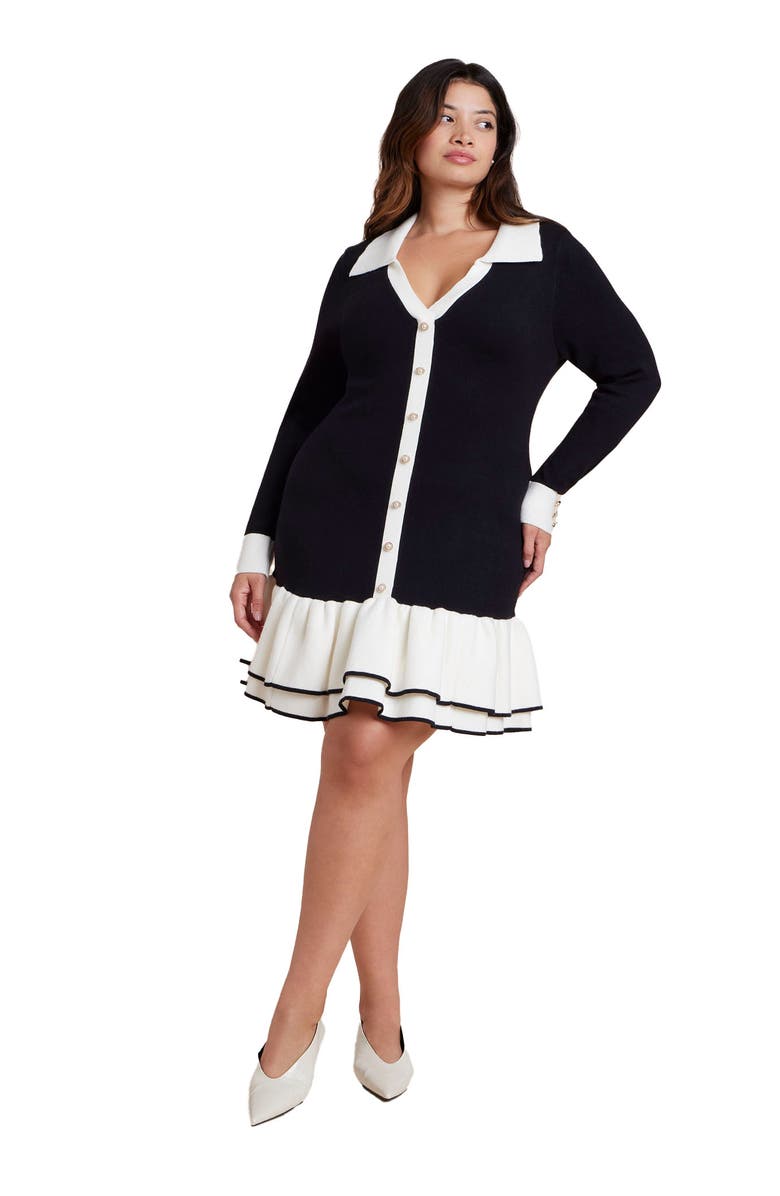 ELOQUII Contrast Tipping Flounce Mini Dress, Main, color, 