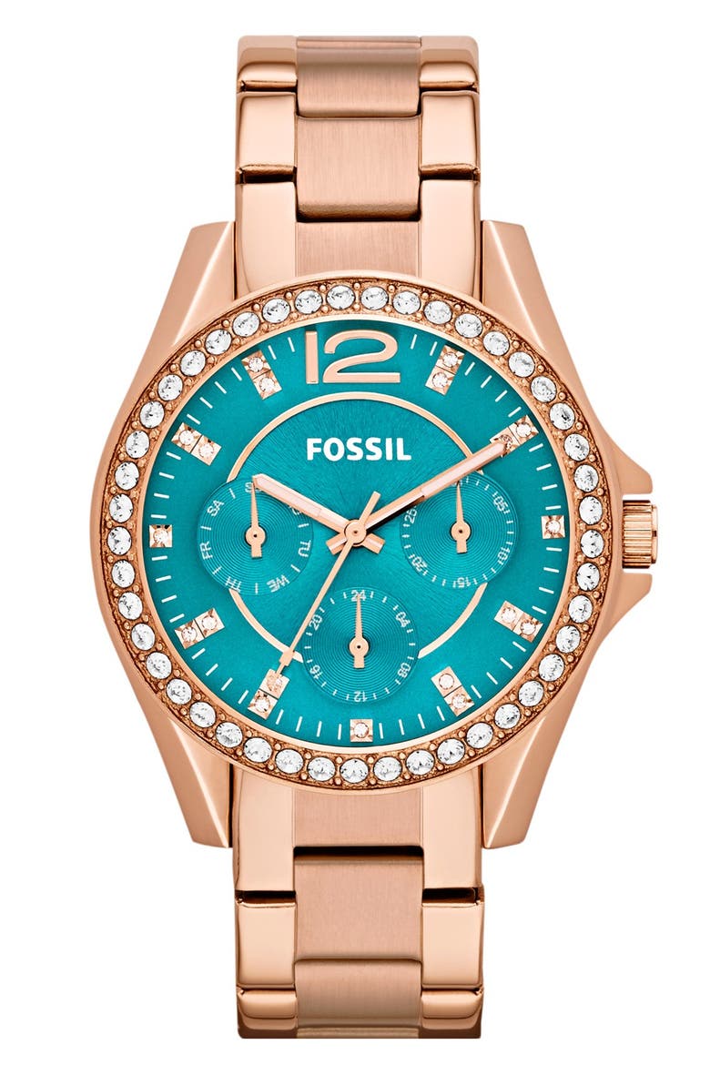 'Riley' Round Crystal Bezel Bracelet Watch, 38mm, Main, color, ROSE GOLD/ TURQUOISE