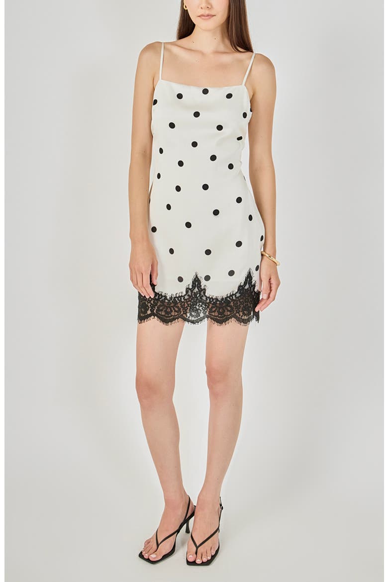 Lace Polka Dot Slip Minidress, Alternate, color, CREAM/ BLACK