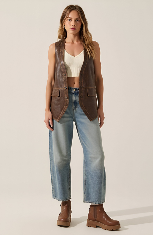 Modenaire Faux Leather Vest With Snap Buttons In Brown