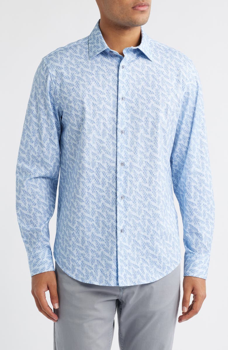 Bugatchi James OoohCotton<sup>®</sup> Feather Print Button-Up Shirt, Main, color, Air Blue