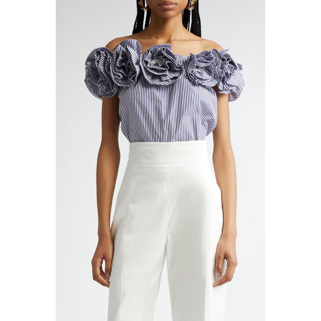 Carolina Herrera Ruffled Off-the-shoulder Striped Cotton-poplin Top In Blue