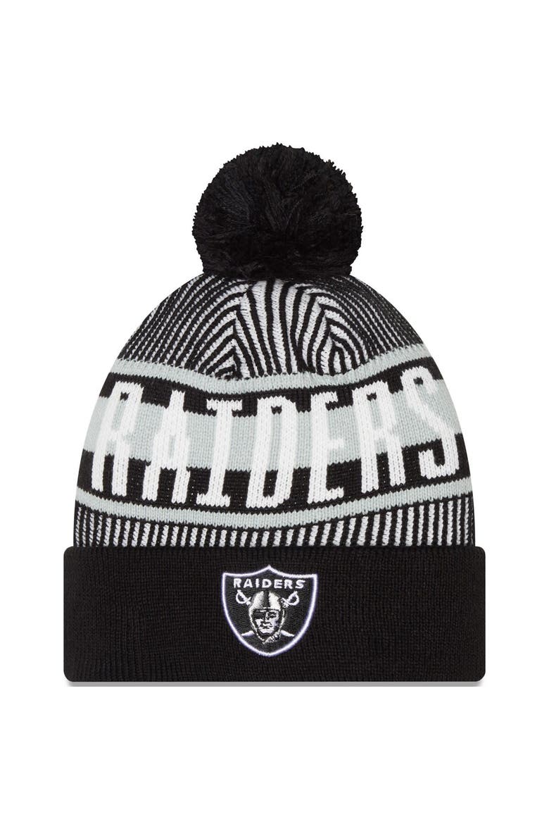 Men's New Era Black Las Vegas Raiders Striped Cuffed Knit Hat with Pom, Main, color, Black