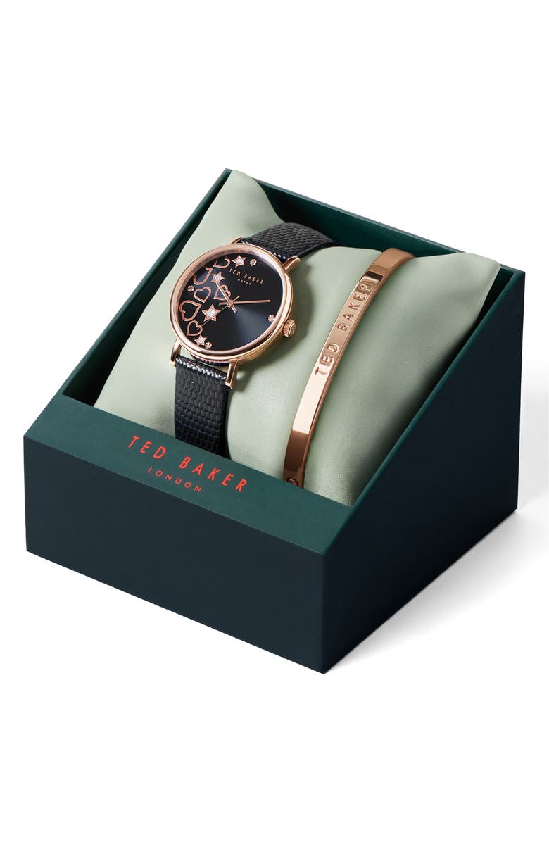 Ted Baker London Phylipa Leather Strap Watch & Bangle Bracelet Set, 34mm, Alternate, color, Rose Gold/ Black/ Black