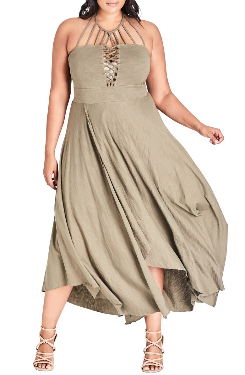 City Chic Strappy Asymmetrical Faux Wrap Halter Maxi Dress, Main, color, 