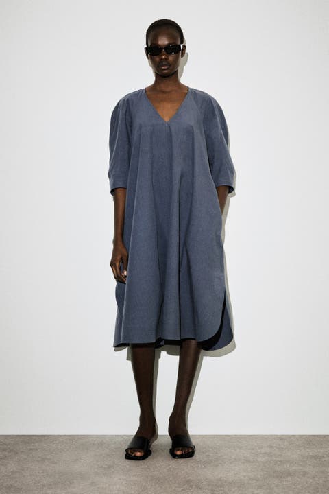 Rounded V-Neck Cotton Midi Dress