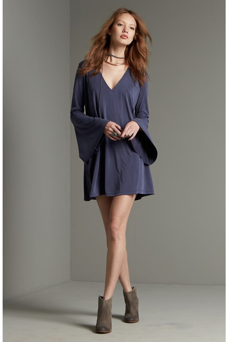 Bell Sleeve V-Neck Knit Dress, Alternate, color, NAVY