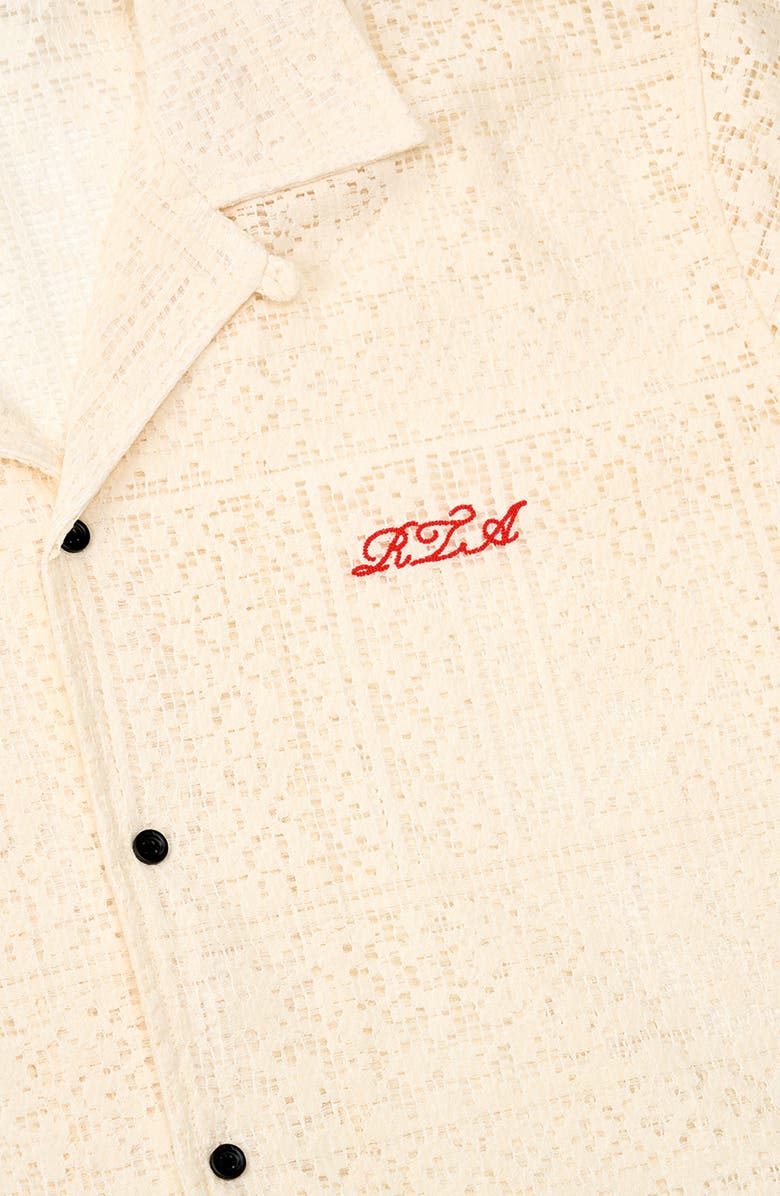 RtA Nathan Oversized Open Weave Button-Up Camp Shirt, Alternate, color, Sand Cursive