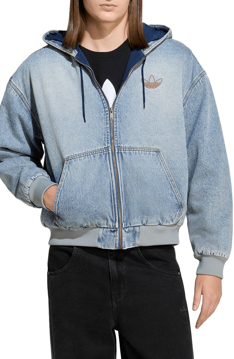 adidas Denim Hooded Bomber Jacket, Main, color, Indigo Denim