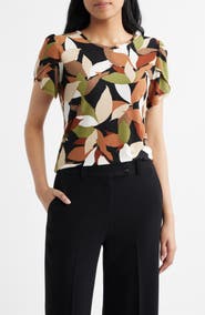 AK ANNE KLEIN Foliage Print Tulip Sleeve Top