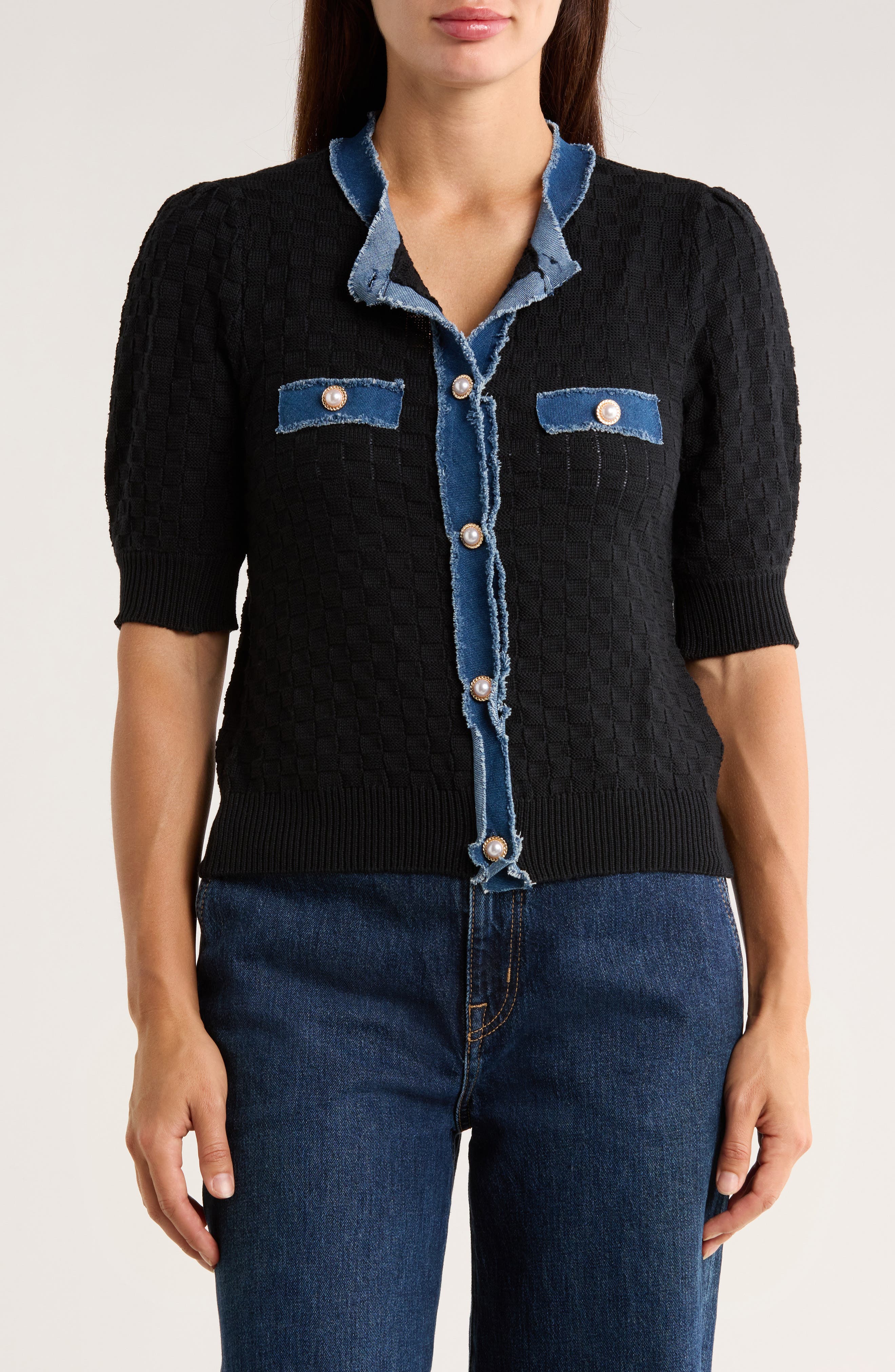Ellen Tracy Frayed Denim Trim Short Sleeve Cardigan