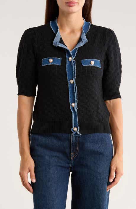 Ellen Tracy Frayed Denim Trim Short Sleeve Cardigan