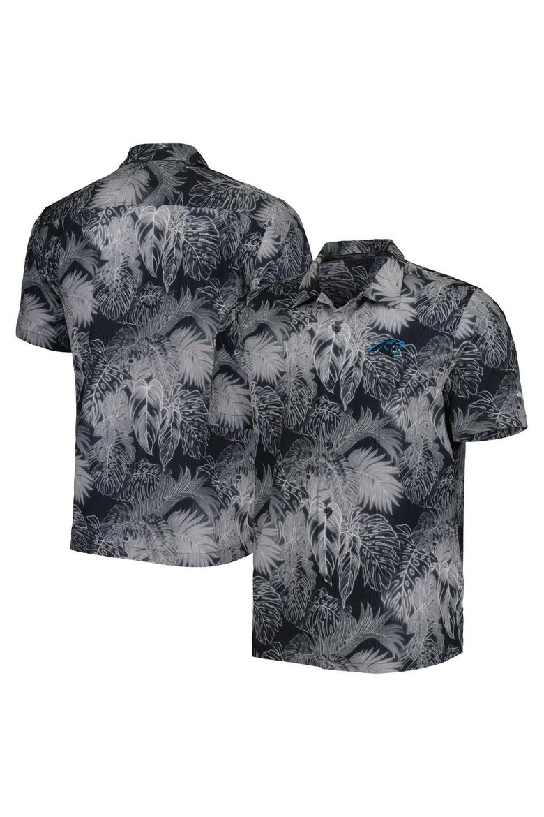 Men's Tommy Bahama Black Carolina Panthers Coast Luminescent Fronds Camp IslandZone Button-Up Shirt, Main, color, Black
