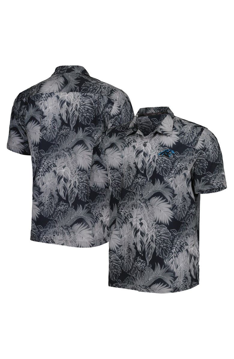 Tommy Bahama Men's Tommy Bahama Black Carolina Panthers Coast Luminescent Fronds Camp IslandZone Button-Up Shirt, Main, color, Black