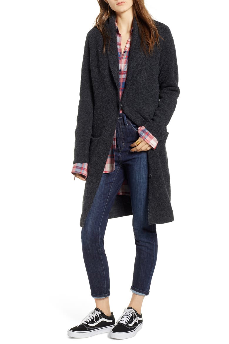 Belted Long Cardigan, Main, color, GREY DARK CHARCOAL HEATHER