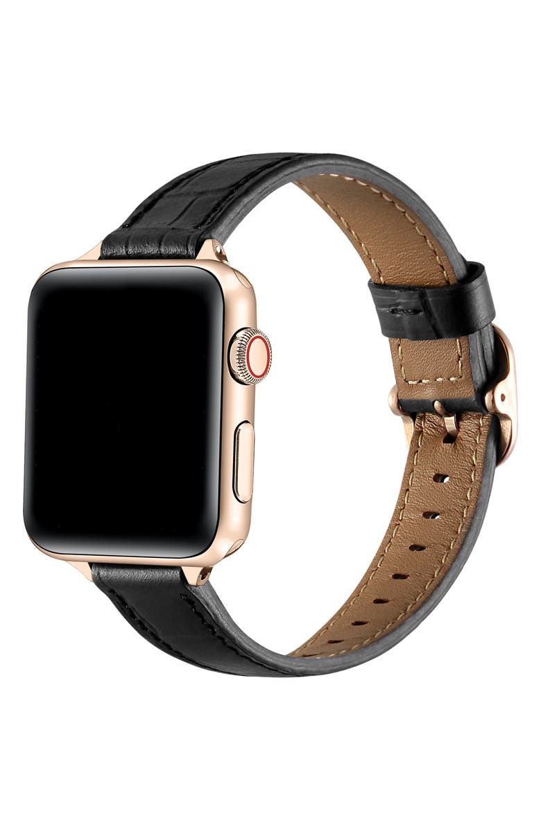 The Posh Tech Carmen Skinny Croc Embossed Leather Apple Watch<sup>®</sup> Watchband, Alternate, color, Black