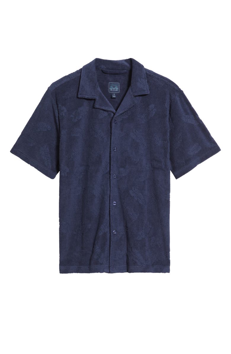Majestic International Shadow Hibiscus Cotton Blend Terry Cloth Camp Shirt, Alternate, color, Navy Hibiscus