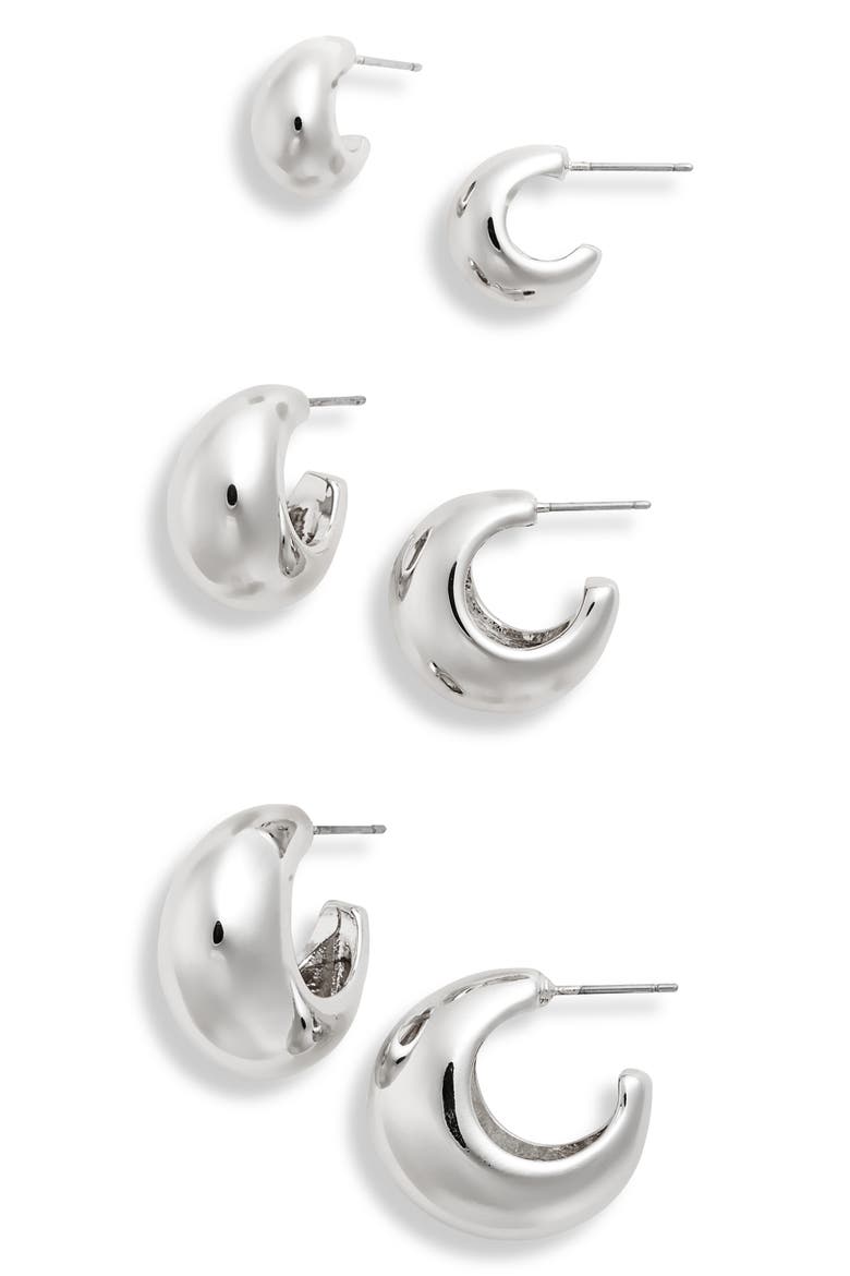 Set of 3 Wide Hoop Earrings, Main, color, RHODIUM