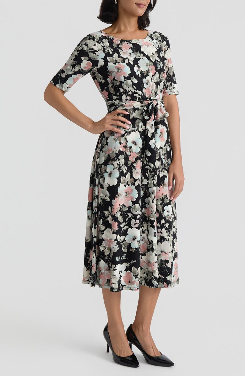 KASPER Floral Tie Belt A-Line Dress, Alternate, color, Black Multi