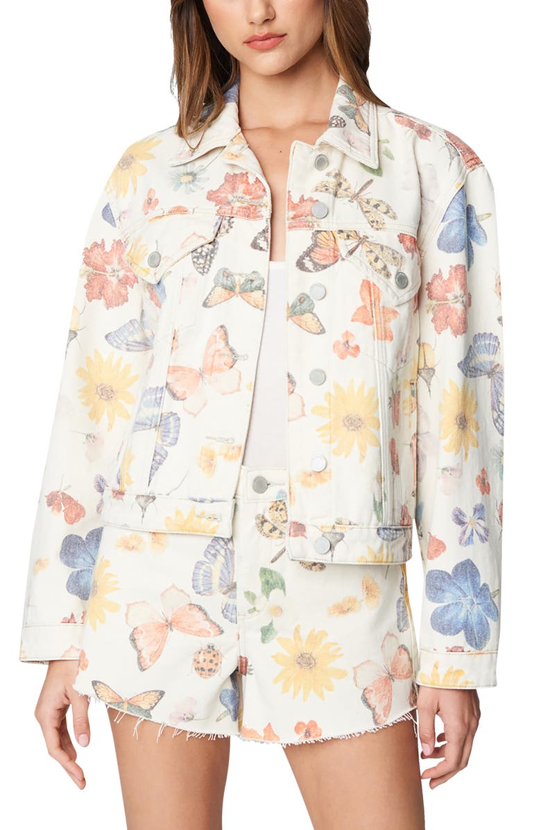 BLANKNYC Botanical Print Denim Trucker Jacket, Main, color, 