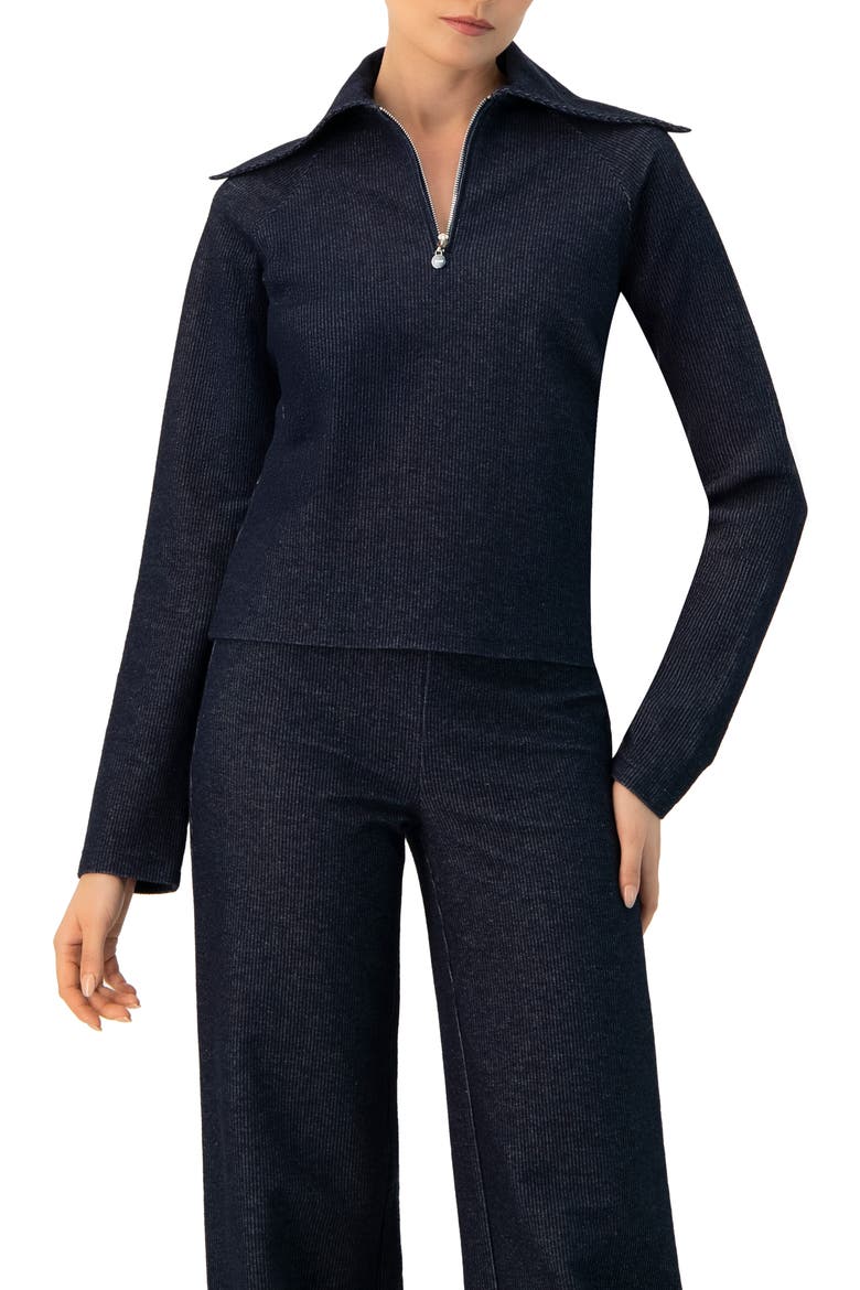 Ribbed Knit Sweater with Neckline Zipper, Main, color, Navy Blue