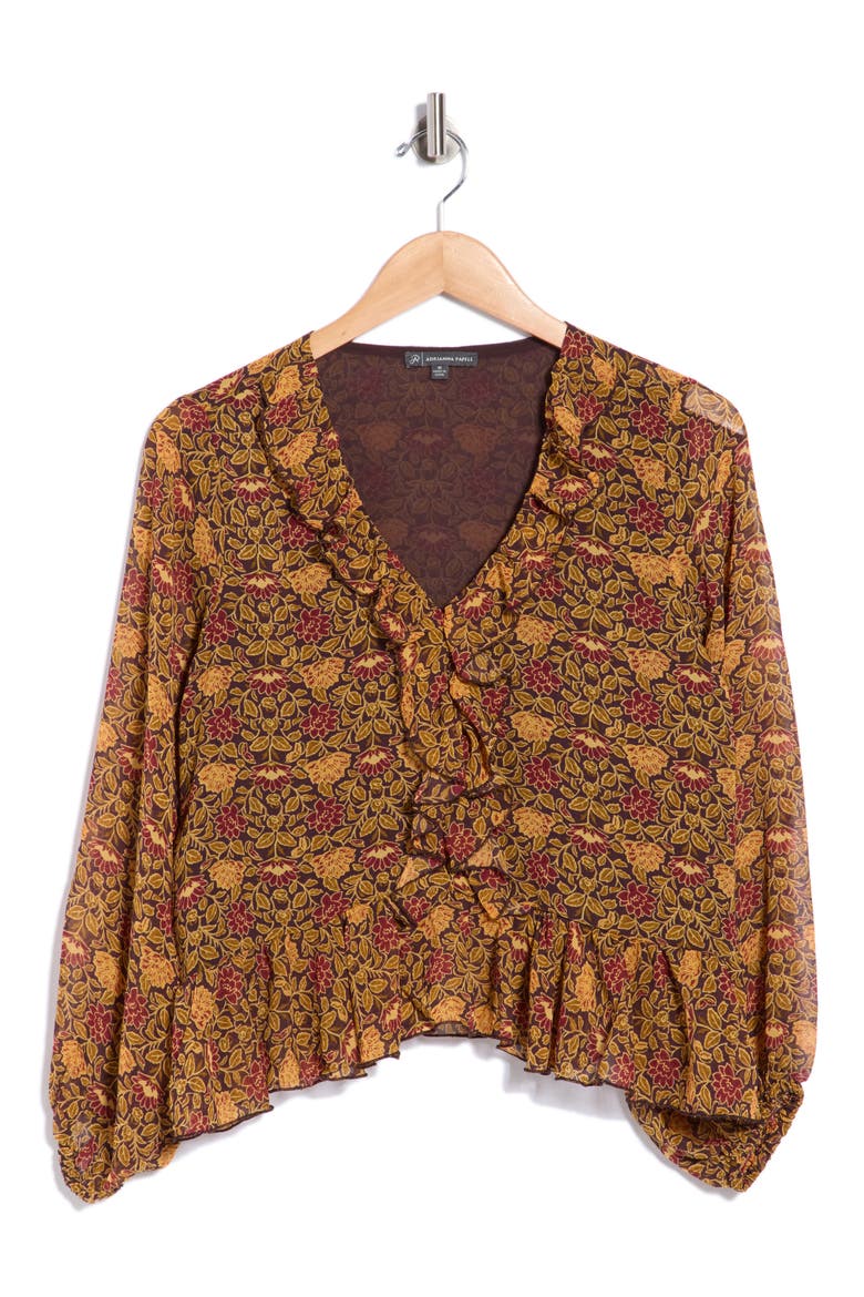 Ruffle Peplum Top, Main, color, CHOCOLATE FLORAL FILIGREE