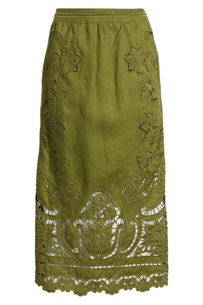Majestic Garden Embroidered Eyelet Linen Midi Skirt, Alternate, color, GREEN