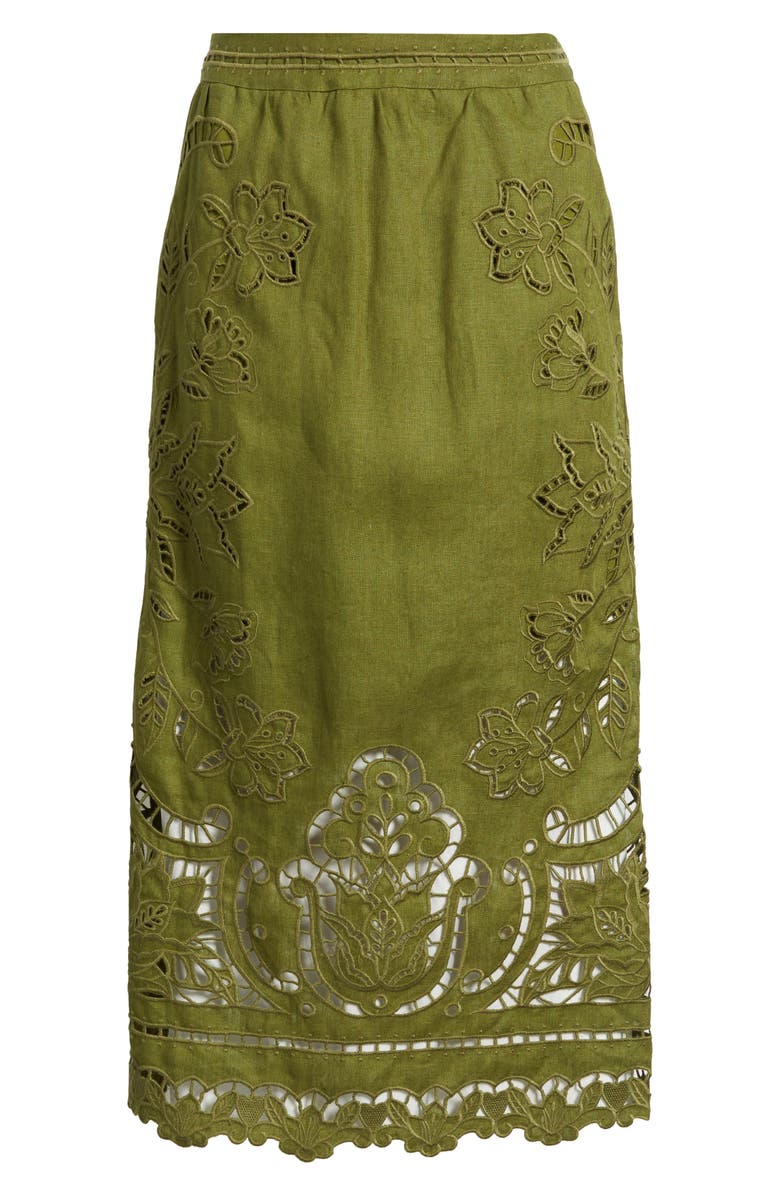 FARM Rio Majestic Garden Embroidered Eyelet Linen Midi Skirt, Alternate, color, Green