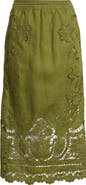 FARM Rio Majestic Garden Embroidered Eyelet Linen Midi Skirt