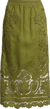 FARM Rio Majestic Garden Embroidered Eyelet Linen Midi Skirt