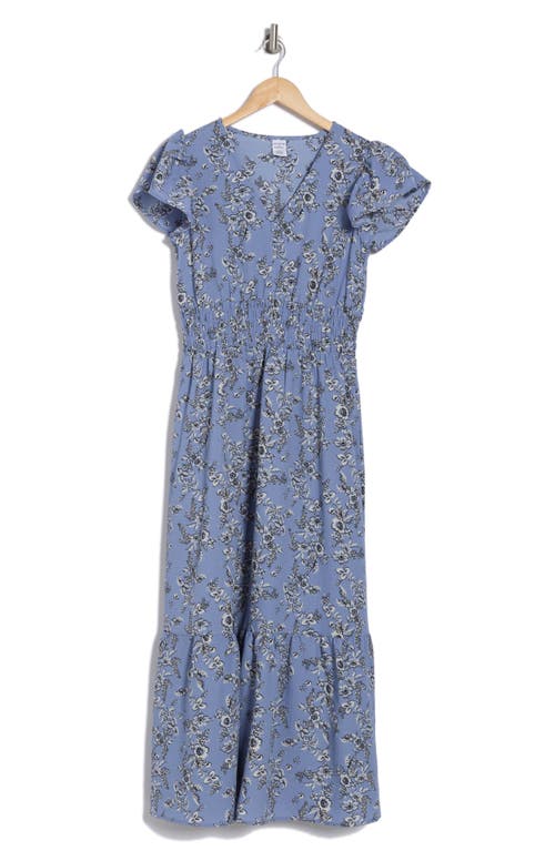 Shop Melrose And Market Flutter Sleeve Smocked Waist Midi Dress In Blue- Ivory Quinn Floral