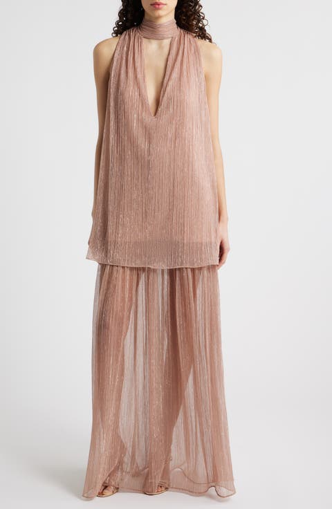 Valoria Metallic Micropleat Cocktail Dress