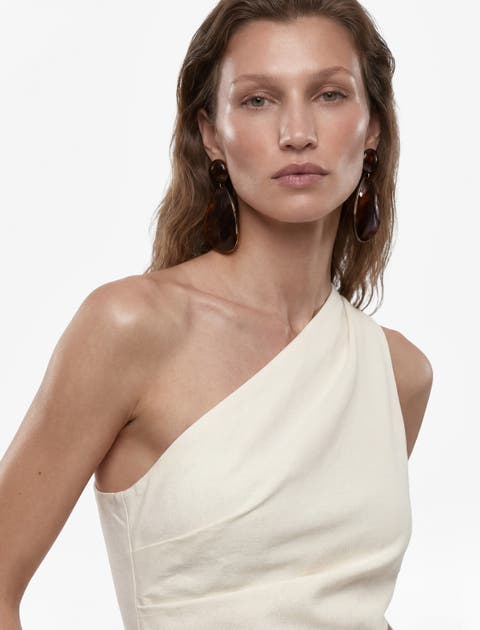 Linen Blend One-Shoulder Sleeveless Draped Top