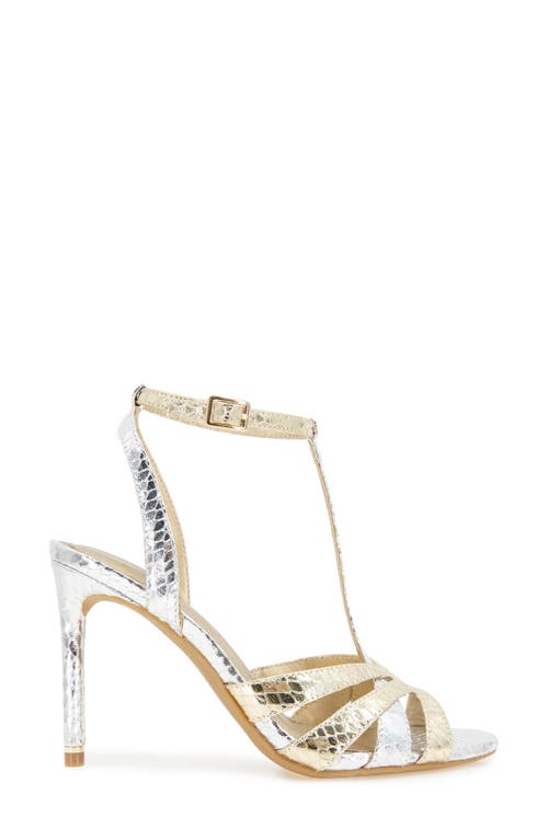 Kenneth Cole Liona Embossed T-strap Sandal In Silver/gold Metallic