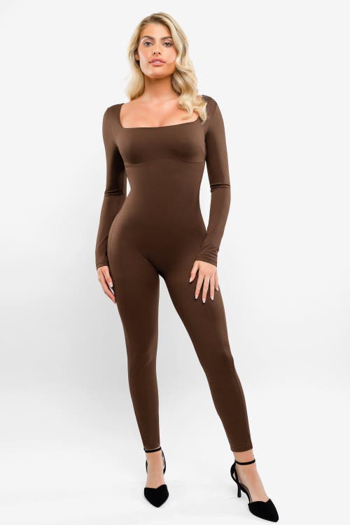 Popilush Shapewear Square Neck Long Sleeve Butt Lift Jumpsuit In Cherry Wood