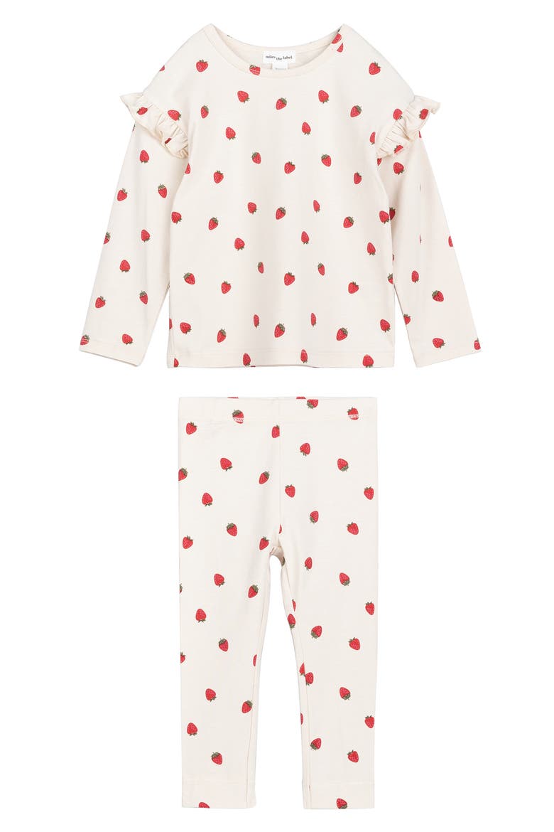 Strawberry Print Cotton French Terry Ruffle Sweatshirt & Leggings Set, Main, color, BEIGE
